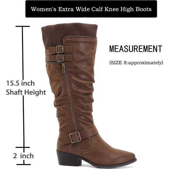 ⚡Women's Brown Extra Wide Calf Knee High Boots Knee High Boots Low Stacked Heel - Picture 2 of 6